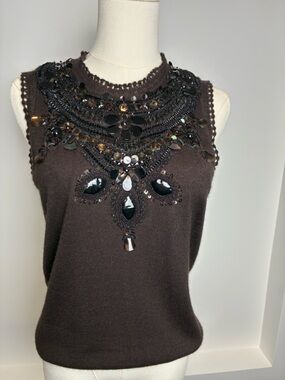 Oscar de la Renta Brown Knit Top with beads and embellishments